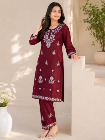 RICH LOOK SLUB COTTON EMBROIDERY WORK  KID'S TOP BOTTOM SET MAROON