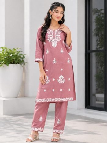 RICH LOOK SLUB COTTON EMBROIDERY WORK  KID'S TOP BOTTOM SET PINK