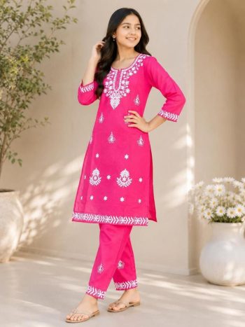 RICH LOOK SLUB COTTON EMBROIDERY WORK  KID'S TOP BOTTOM SET RANI