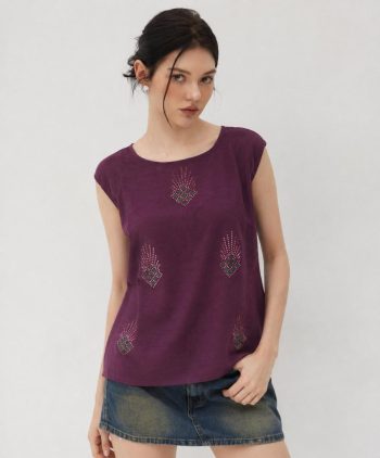 RICH LOOK SLUB COTTON GOLDEN RHINESTONE HOT FIX WORK TOP WINE