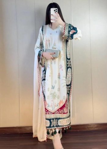 RICH LOOK STAR SILK SEQUENCE EMBROIDERY WORK AND APPLIQUE WORK TOP BOTTOM WITH DUPATTA OFF WHITE