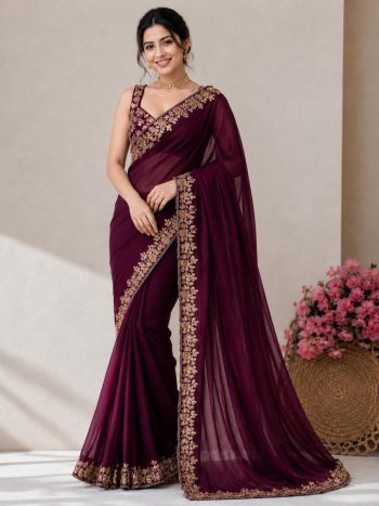 RICH LOOK VICHITRA EMBROIDERY WORK WITH CODING SEQUENCES AND CUT WORK BORDER SAREE WITH UNSTITCHED BLOUSE WINE