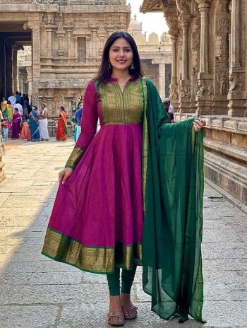RICH LOOK VICHITRA SILK JACQUARD WEAVING ZARI BORDER WORK ANARKALI WITH DUPATTA RANI