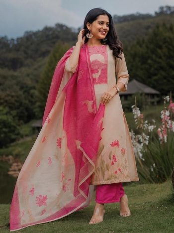RICH LOOK ZARNA SILK PRINTED WORK TOP BOTTOM WITH DUPATTA CREAM AND PINK