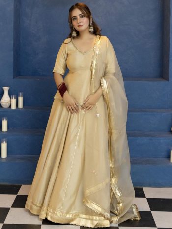 TRADITIONAL CHINON HANDWORK LACE WORK TOP LEHENGA WITH DUPATTA  GOLD