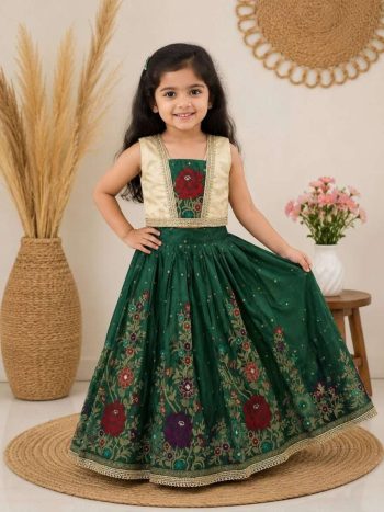 TRADITIONAL DOLA SILK EMBROIDERY BORDER LACE WORK KID'S LEHENGA CHOLI GREEN