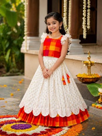 TRADITIONAL JACQUARD CHECKED WEAVE WITH GOLDEN BUTTI WORK KID'S LEHENGA CHOLI OFF WHITE AND ORANGE