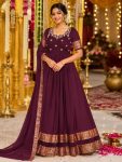 TRADITIONAL SILK BLEND FLORAL EMBROIDERY WITH RICH ZARI WEAVING BORDER WORK GOWN WITH DUPATTA WINE