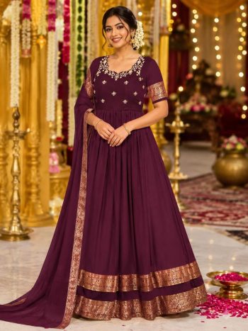 TRADITIONAL SILK BLEND FLORAL EMBROIDERY WITH RICH ZARI WEAVING BORDER WORK GOWN WITH DUPATTA WINE