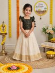 TRADITIONAL TISSUE SILK WEAVING WORK KID'S LEHENGA CHOLI OFF WHITE AND NAVY BLUE