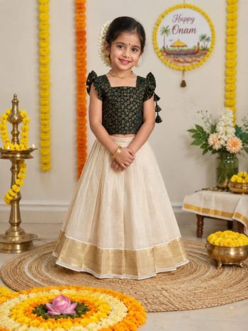 TRADITIONAL TISSUE SILK WEAVING WORK KID'S LEHENGA CHOLI OFF WHITE AND NAVY BLUE