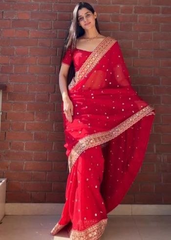 TREDNING TABBY SILK THREAD WITH SEQUENCE WORK SAREE WITH UNSTITCHED BLOUSE RED