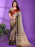 TRENDING BANARASI COTTON SILK BROAD CONTRAST JACQUARD WORK BORDER SAREE WITH UNSTITCHED BLOUSE OFF WHITE
