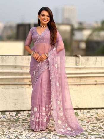 TRENDING CHANDA KORA SILK EMBROIDERY SAREE WITH UNSTITCHED BLOUSE PURPLE