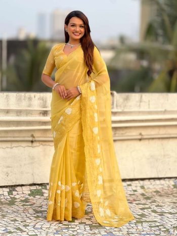 TRENDING CHANDA KORA SILK EMBROIDERY SAREE WITH UNSTITCHED BLOUSE YELLOW