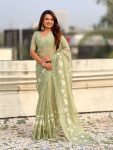 TRENDING CHANDA KORA SILK EMBROIDERY SAREE WITH UNSTITCHED BLOUSE PISTA