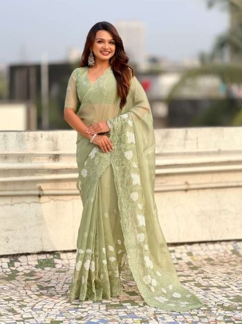 TRENDING CHANDA KORA SILK EMBROIDERY SAREE WITH UNSTITCHED BLOUSE PISTA
