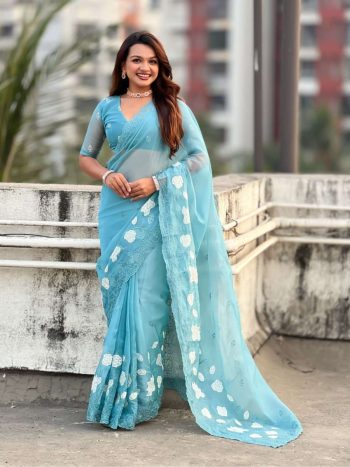 TRENDING CHANDA KORA SILK EMBROIDERY SAREE WITH UNSTITCHED BLOUSE SKY