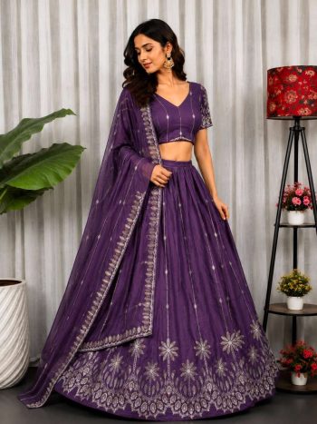 TRENDING CHINON SEQUENCE AND THREAD EMBROIDERY WORK LEHENGA CHOLI WITH DUPATTA PURPLE