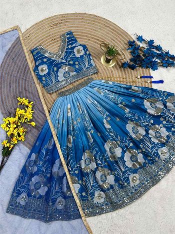 TRENDING CHINON SILK DIGITAL PRINT & SEQUENCE EMBROIDERY WORK KID'S LEHENGA CHOLI WITH DUPATTA BLUE