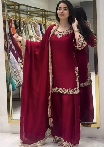 TRENDING FAUX BLOOMING EMBROIDERY SEQUENCE WITH LACE BORDER WORK TOP PALAZZO WITH DUPATTA MAROON