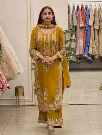 TRENDING FAUX GEORGETTE EMBROIDERY SEQUENCE WORK  TOP PALAZZO WITH DUPATTA YELLOW