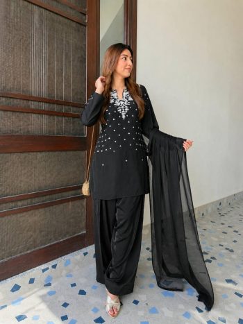 TRENDING FRENCH CREPE BEADS  & 5 MM SEQUENCE EMBROIDERY WORK TOP PATIYALA WITH DUPATTA  BLACK