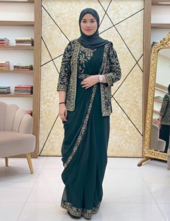TRENDING GEORGETTE EMBROIDERY WORK READY TO WEAR SAREE BLOUSE WITH KOTI GREEN