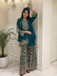 TRENDING GEORGETTE ZARI & SEQUENCE EMBROIDERY WORK TOP PALAZZO WITH DUPATTA TEAL