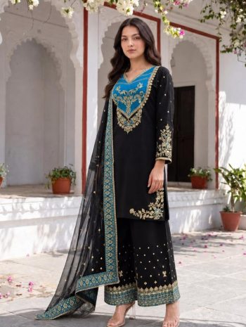 TRENDING MASKA COTTON EMBROIDERY AND SEQUENCE WORK TOP PALAZZO WITH DUPATTA BLACK AND BLUE