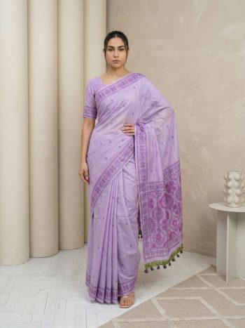 TRENDING MUGA COTTON RESHAM WEAVING TRADITIONAL PENCIL ART WORK SAREE WITH UNSTITCHED BLOUSE LAVENDER