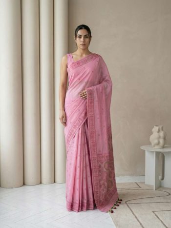 TRENDING MUGA COTTON RESHAM WEAVING TRADITIONAL PENCIL ART WORK SAREE WITH UNSTITCHED BLOUSE PINK