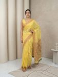 TRENDING MUGA COTTON RESHAM WEAVING TRADITIONAL PENCIL ART WORK SAREE WITH UNSTITCHED BLOUSE YELLOW