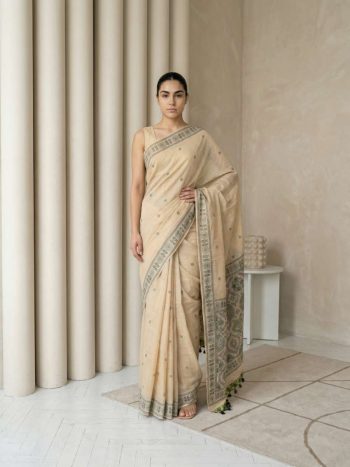 TRENDING MUGA COTTON RESHAM WEAVING TRADITIONAL PENCIL ART WORK SAREE WITH UNSTITCHED BLOUSE CREAM