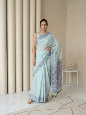 TRENDING MUGA COTTON RESHAM WEAVING TRADITIONAL PENCIL ART WORK SAREE WITH UNSTITCHED BLOUSE SKY