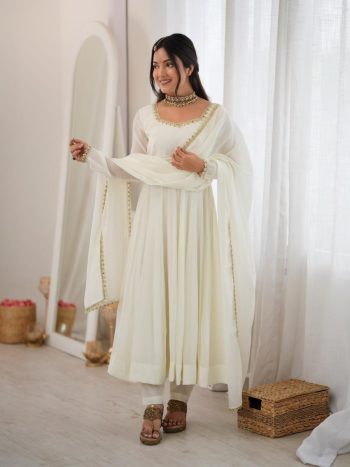 TRENDING MUL CHANDERI HANDRWORK MIRROR LACE WORK GOWN BOTTOM WITH DUPATTA OFF WHITE