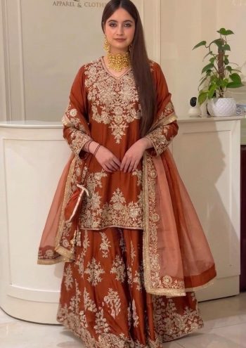 TRENDING NATURAL SILK EMBROIDERY CHAIN SEQUENCE WORK TOP PALAZZO WITH DUPATTA ORANGE