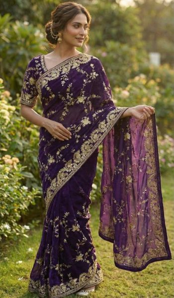 TRENDING PURE SOFT FENDY SILK EMBROIDERY SEQUENCE AND ZARI WORK  SAREE WITH UNSTITCHED BLOUSE PURPLE