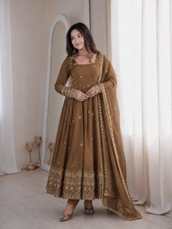 TRENDING RANGOLI CRUSH SILK EMBROIDERY AND SEQUENCE WORK GOWN BOTTOM WITH DUPATTA CHIKU