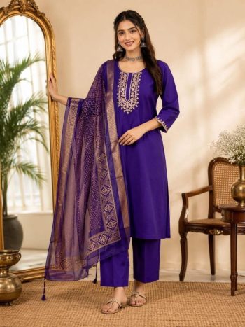 TRENDING ROMAN SILK EMBROIDERY WORK TOP BOTTOM WITH DUPATTA PURPLE