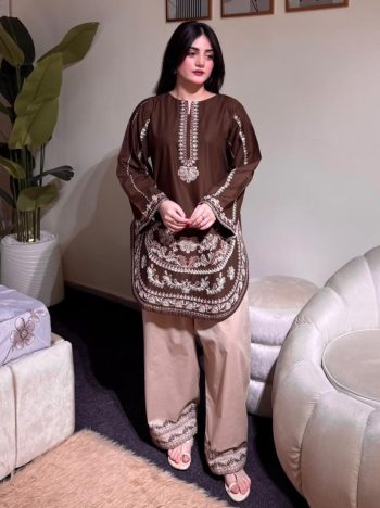 TRENDING ROMAN SILK EMBROIDERY WORK TOP PATIYALA SET BROWN