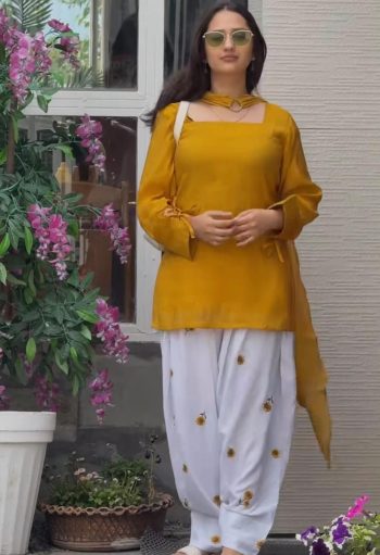 TRENDING ROMAN SILK PLAIN TOP WITH EMBROIDERY WORK PATIYALA AND DUPATTA YELLOW