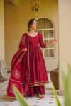 TRENDING ROMAN SILK READY MADE FANCY LACE WORK GOWN PALAZZO WITH DUPATTA RED