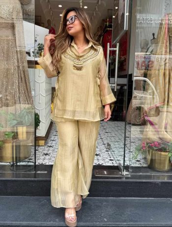TRENDING SALSA CRUSHED HAND WORK CO ORD SET LIGHT YELLOW