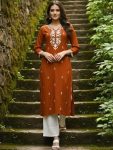 TRENDING SLUB COTTON EMBROIDERY WORK KURTI ORANGE