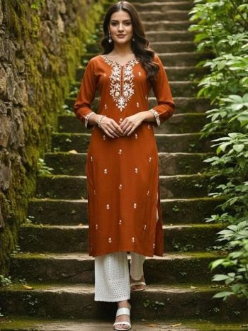 TRENDING SLUB COTTON EMBROIDERY WORK KURTI ORANGE