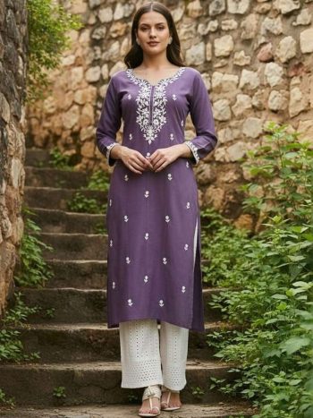 TRENDING SLUB COTTON EMBROIDERY WORK KURTI PURPLE