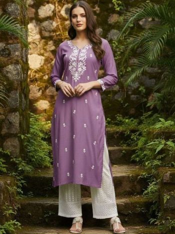 TRENDING SLUB COTTON EMBROIDERY WORK KURTI LAVENDER