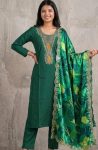 TRENDING SLUB COTTON EMBROIDERY WORK TOP BOTTOM WITH DUPATTA GREEN