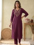 TRENDING SLUB COTTON EMBROIDERY WORK TOP PENT SET WINE